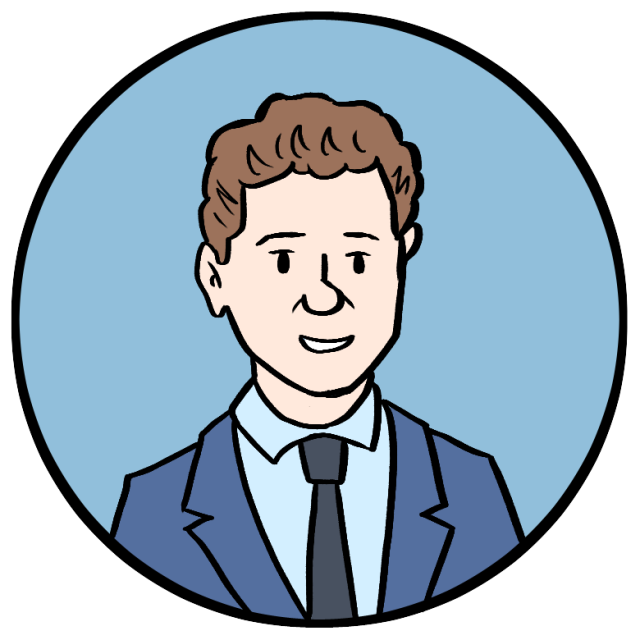 Cartoon illustration of a man with short brown hair wearing a blue suit, light blue shirt, and black tie, set against a blue circular background.