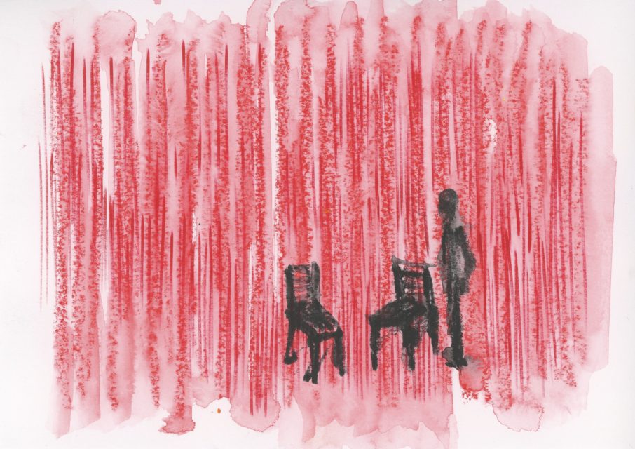 A watercolor painting shows a person standing near two chairs in front of a red, vertical-striped background.