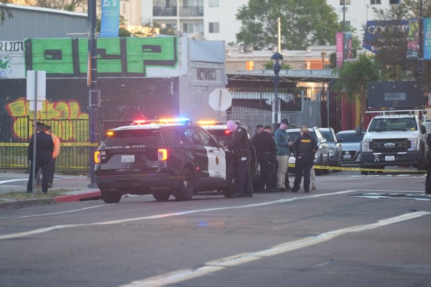 Police officers investigate at the scene after a shooting involve officer reported at 16th Street and Island Ave on Wednesday, April 15, 2026 in San Diego, CA. (Michael Ho / For The San Diego Union-Tribune)