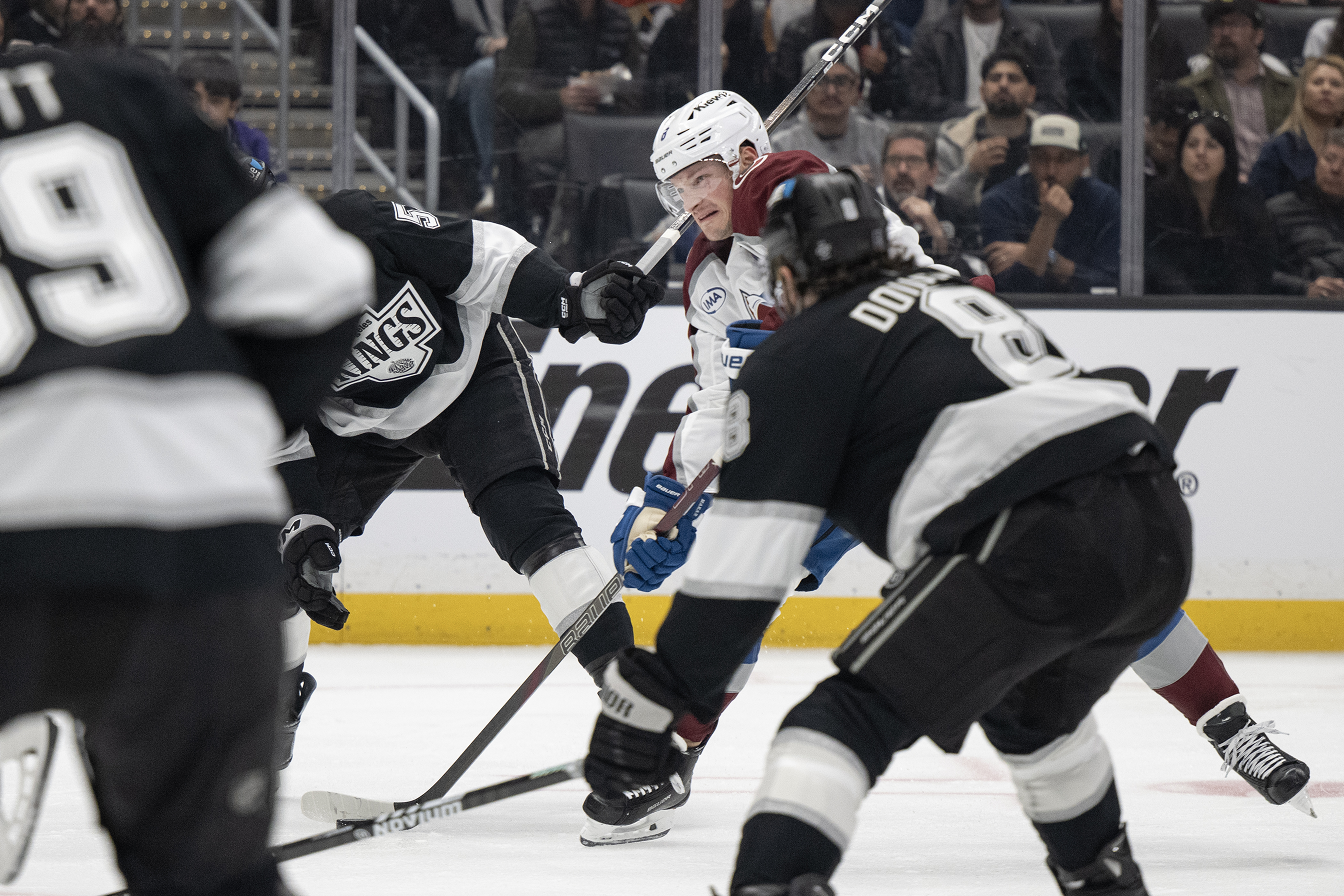 Defenseman Cale Makar (8) of the Colorado Avalanche scores a...