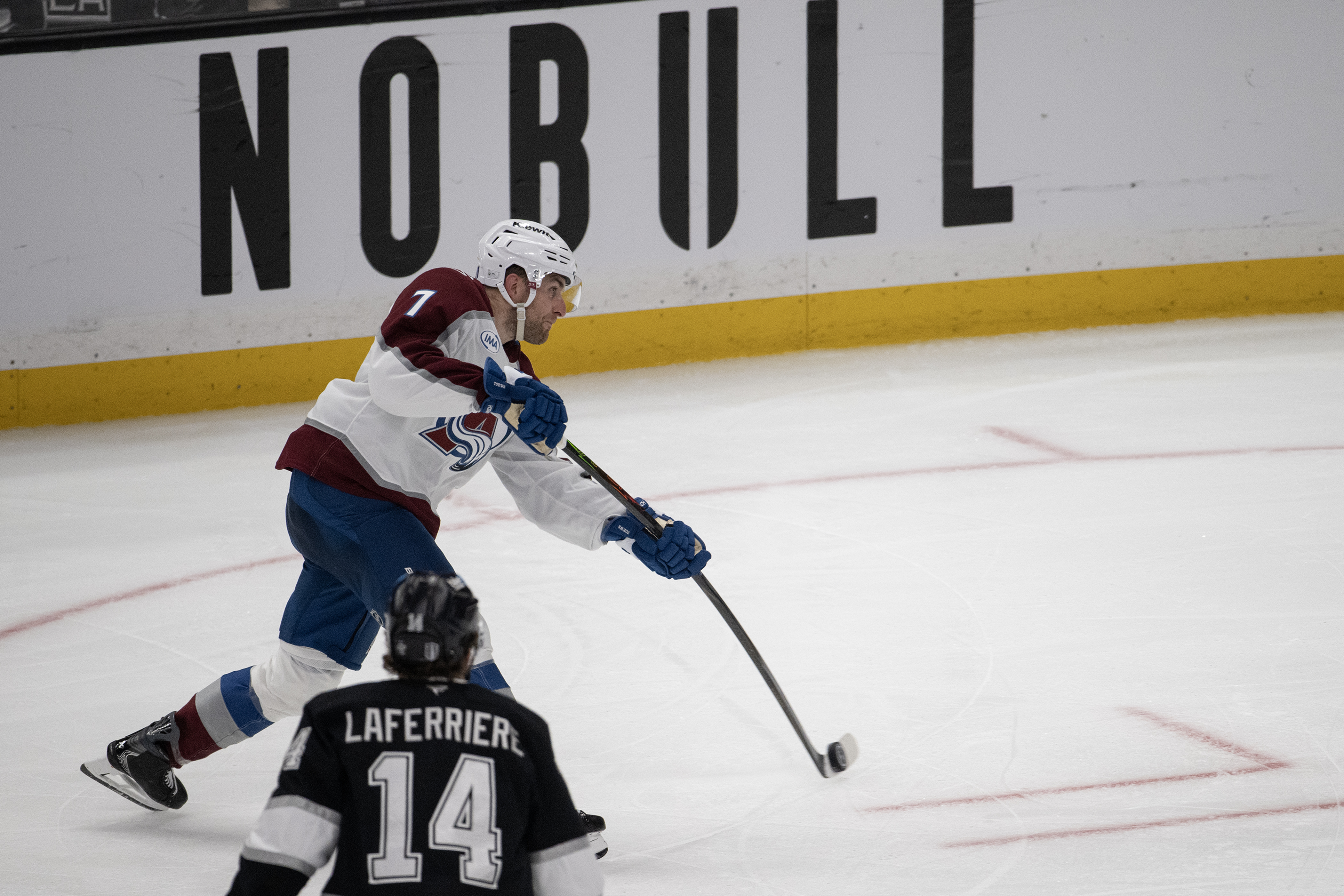 Defenseman Devon Toews (7) of the Colorado Avalanche scores on...