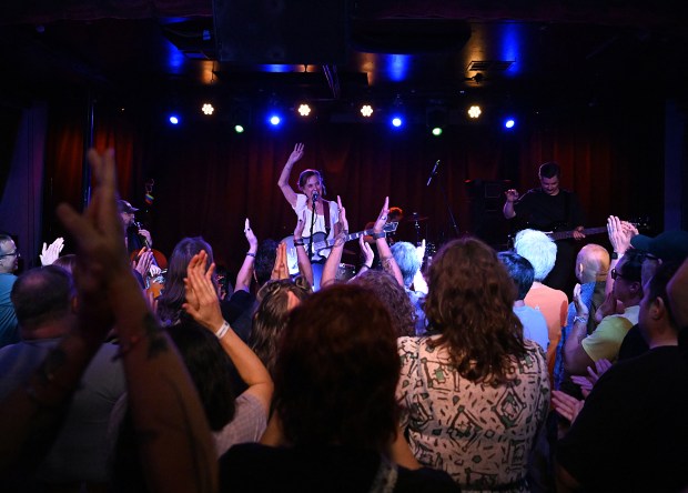 Kristin Hersh waves to the crowd as Throwing Muses finishes their set at Harlow's in Sacramento on Sunday, April 19, 2026. (Chris Riley/Times-Herald)