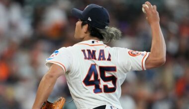 Houston Astros starting pitcher Tatsuya Imai throws during the second inning of a baseball game against the Los Angeles Angels in Houston, Sunday, March 29, 2026. (AP Photo/Ashley Landis)