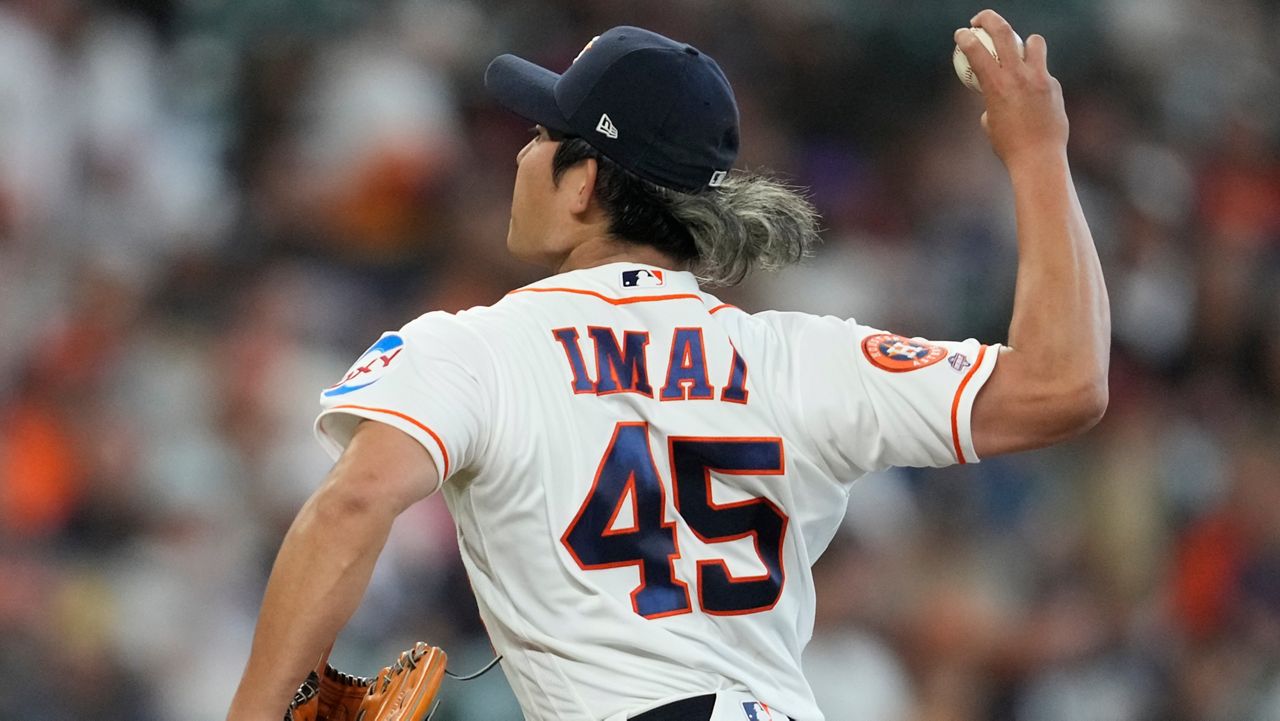 Houston Astros starting pitcher Tatsuya Imai throws during the second inning of a baseball game against the Los Angeles Angels in Houston, Sunday, March 29, 2026. (AP Photo/Ashley Landis)
