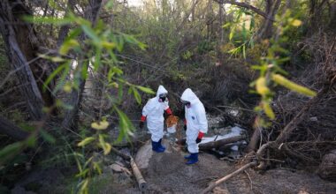 Trent Fry, right, and Leila El Masri collect a water sample of the Tijuana River, as part of a research team from the University of California, San Diego, Wednesday, March 11, 2026, in San Diego. (AP Photo/Gregory Bull)