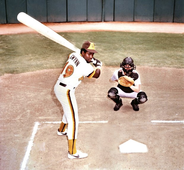 The Padres publicized Tony Gwynn's 1984 batting championship with this promotional photo, which include Strasberg catching behind the plate. (Courtesy Andy Strasberg)