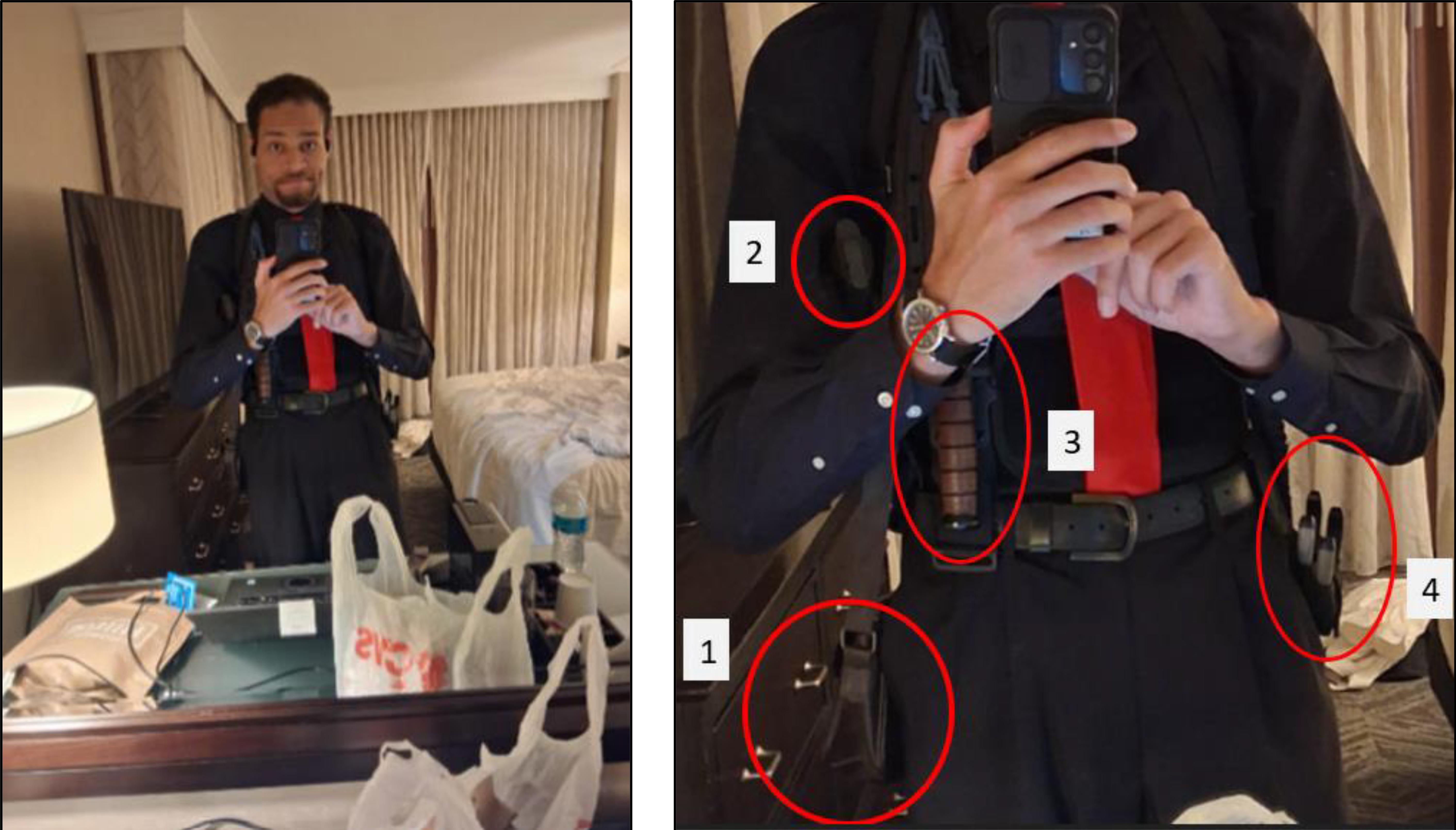 Cole Tomas Allen takes a photo of himself in a hotel room mirror while armed.