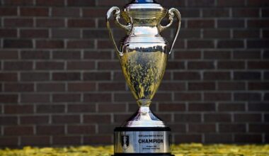 U.S. Open Cup trophy on the stage after the championship celebration at Geodis Park Sunday, Oct. 5, 2025, in Nashville, Tenn. Nashville SC defeated Austin FC 2-1 in the Lamar Hunt U.S. Open Cup final to win their first championship. Credit: Mark Zaleski / The Tennessean / USA TODAY NETWORK via Imagn Images