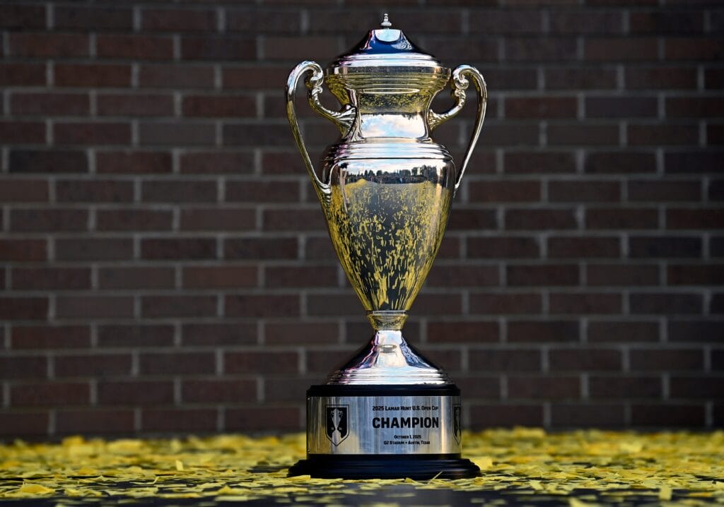 U.S. Open Cup trophy on the stage after the championship celebration at Geodis Park Sunday, Oct. 5, 2025, in Nashville, Tenn. Nashville SC defeated Austin FC 2-1 in the Lamar Hunt U.S. Open Cup final to win their first championship. Credit: Mark Zaleski / The Tennessean / USA TODAY NETWORK via Imagn Images