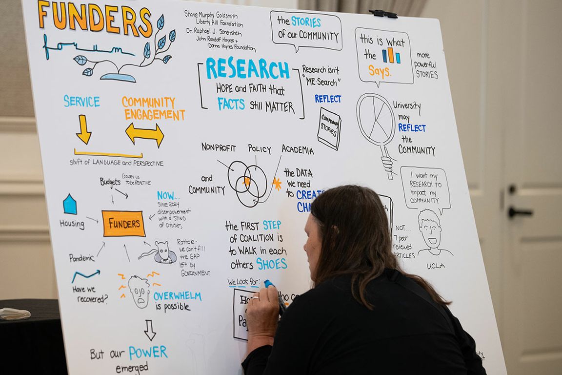 A graphic recorder writes on a large illustrated whiteboard during the UCLA Connects Funders Forum. The board features hand-drawn text and illustrations capturing key themes from the event, including "Research: Hope and Faith that Facts Still Matter."