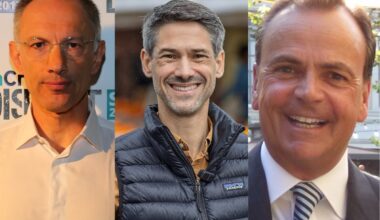 Three men are pictured side by side; the first wears glasses and a white shirt, the second is smiling in a jacket, and the third is in a suit and tie, all facing the camera.