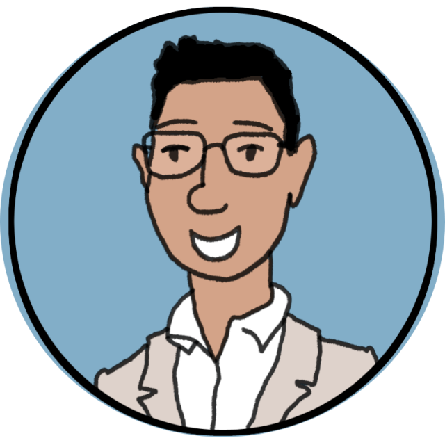 A cartoon-style illustration of a person with short dark hair, glasses, and a beige suit jacket over a white shirt, smiling against a blue circular background.