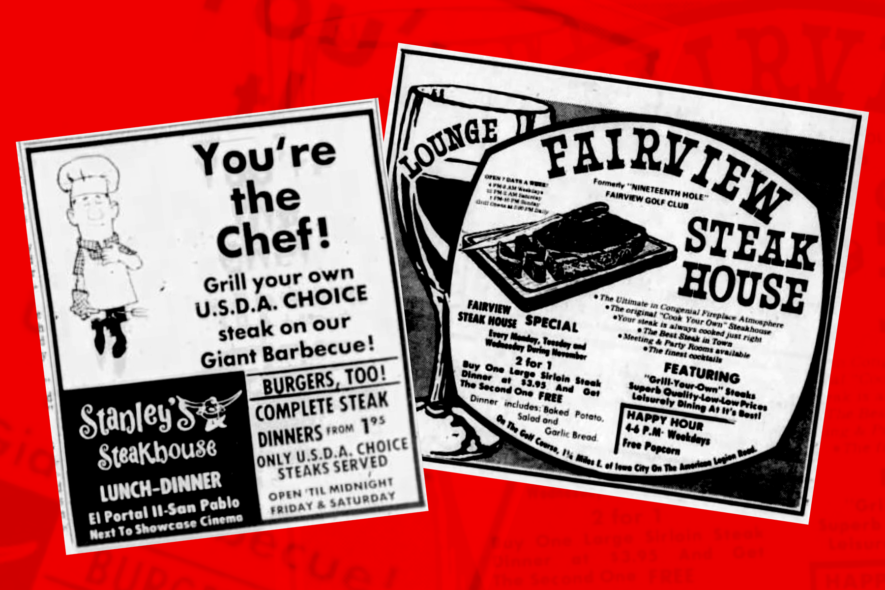 Two old-fashioned ads for cook-your-own steakhouses on a red background.