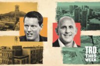 (left) David Ellison with 4000 Warner Boulevard and 5555 Melrose Avenue; (right) Larry Green with One Beverly Hills construction site and rendering