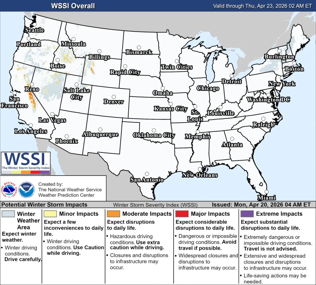Winter Storm Severity Index, April 21-22, 2026.