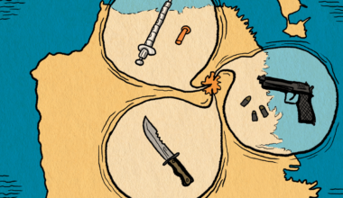 An illustrated map shows a syringe, a knife, and a handgun with bullets in separate circles on a yellow landmass, connected by a lit fuse.