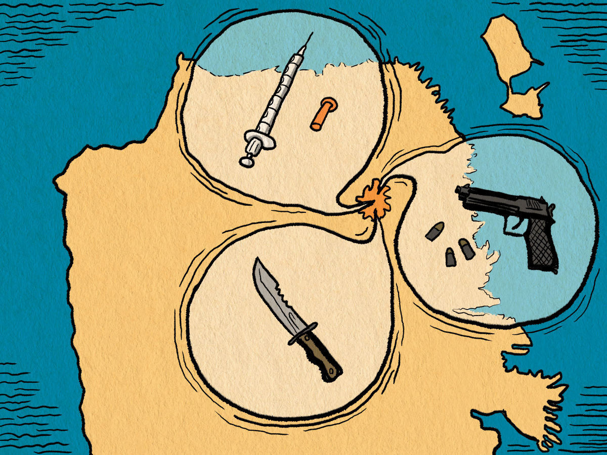 An illustrated map shows a syringe, a knife, and a handgun with bullets in separate circles on a yellow landmass, connected by a lit fuse.