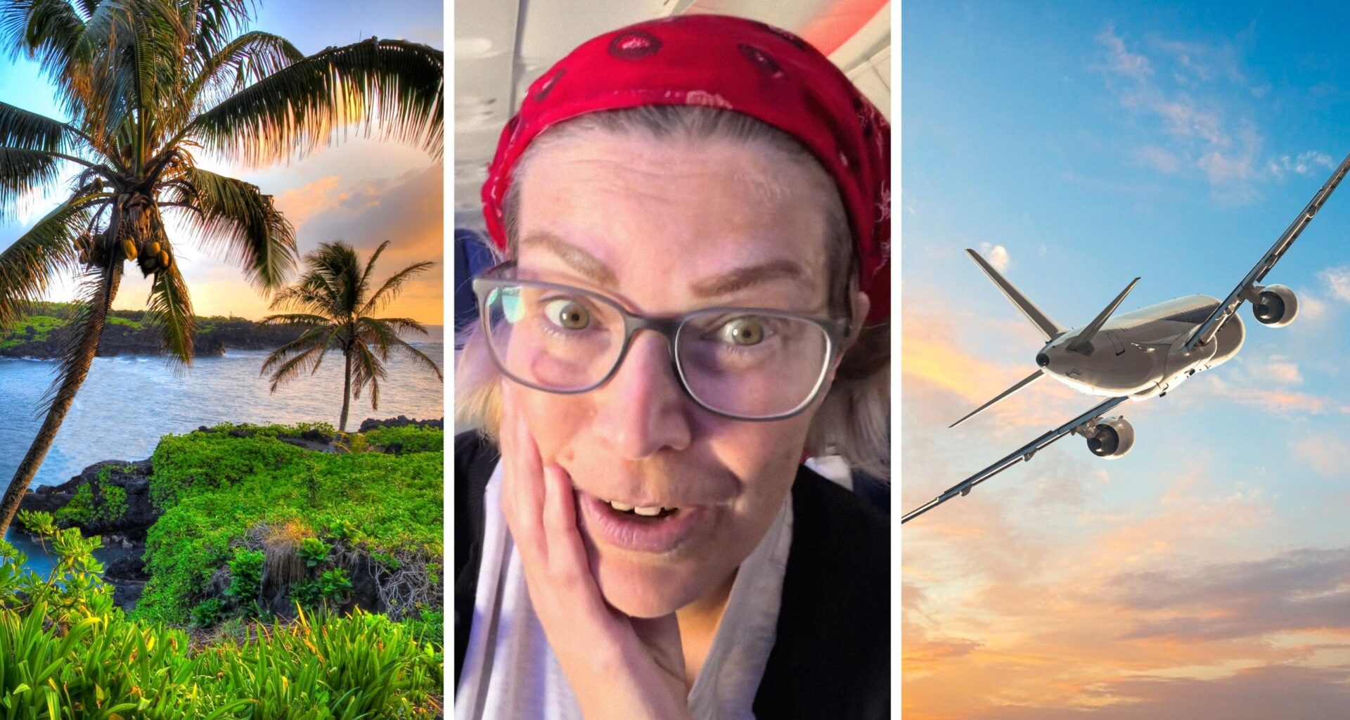 Hawaii beach (l) woman shares flight experience (c) flight turning back (r)