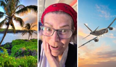 Hawaii beach (l) woman shares flight experience (c) flight turning back (r)