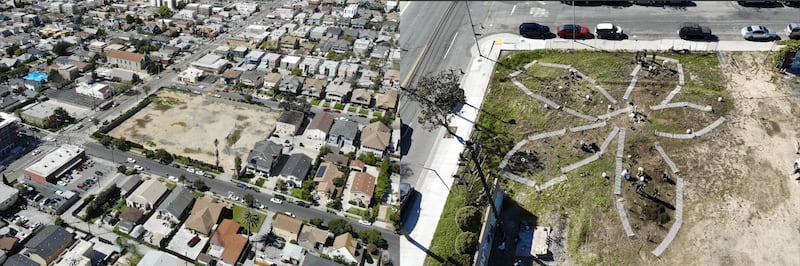The Jefferson drill site in 2022, left, and in 2026, right, in the West Adams neighborhood of Los Angeles. The site closed in 2018 after years of community advocacy and went unused until the Los Angeles Neighborhood Land Trust purchased the land in 2023. (Photo courtesy of Keith Plocek, Test Plot)
