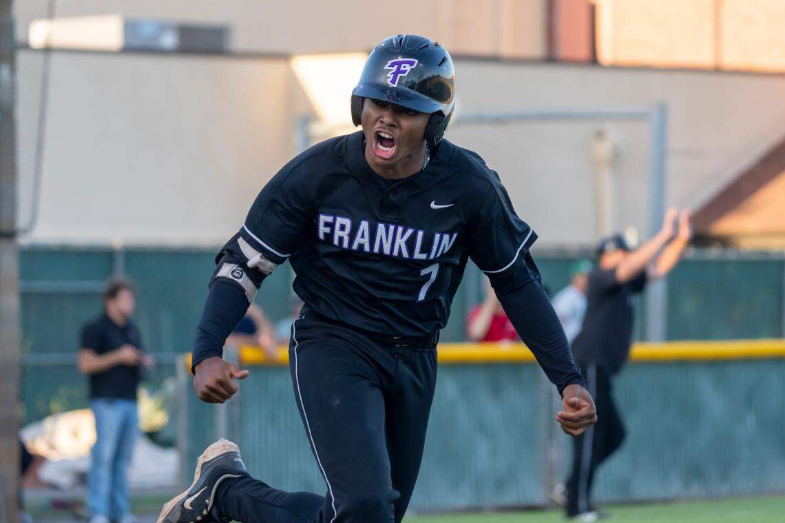 The Franklin High School Wildcats’ Dylan Minnatee celebrates his single during the 2025 CIF Sac-Joaquin Section Division I baseball championship game at Sacramento City College against the St. Mary’s Rams of Stockton.