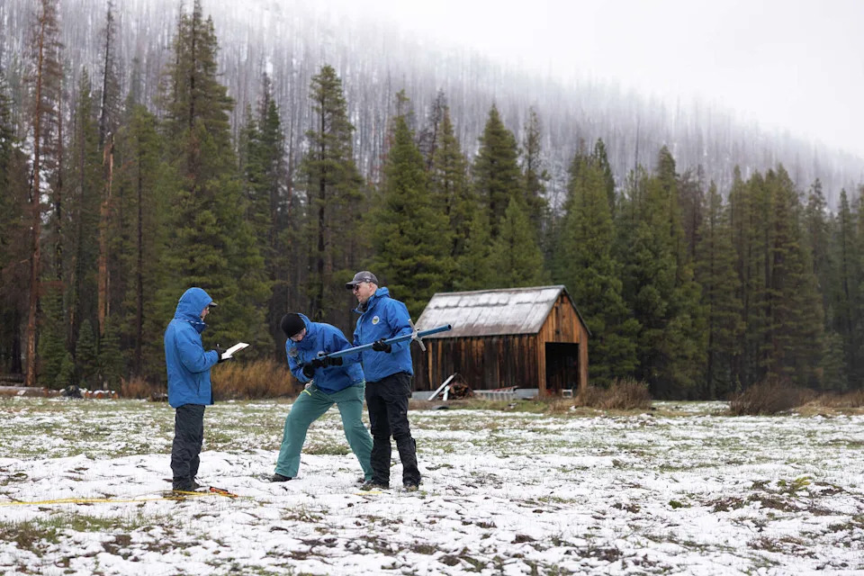 This year's statewide snowpack peaked in late February, according to the state water department. A warm atmospheric river in February and a record-shattering heat wave in March triggered the snow to thaw at least a month early. (Andrew Nixon/California Department of Water Resources)