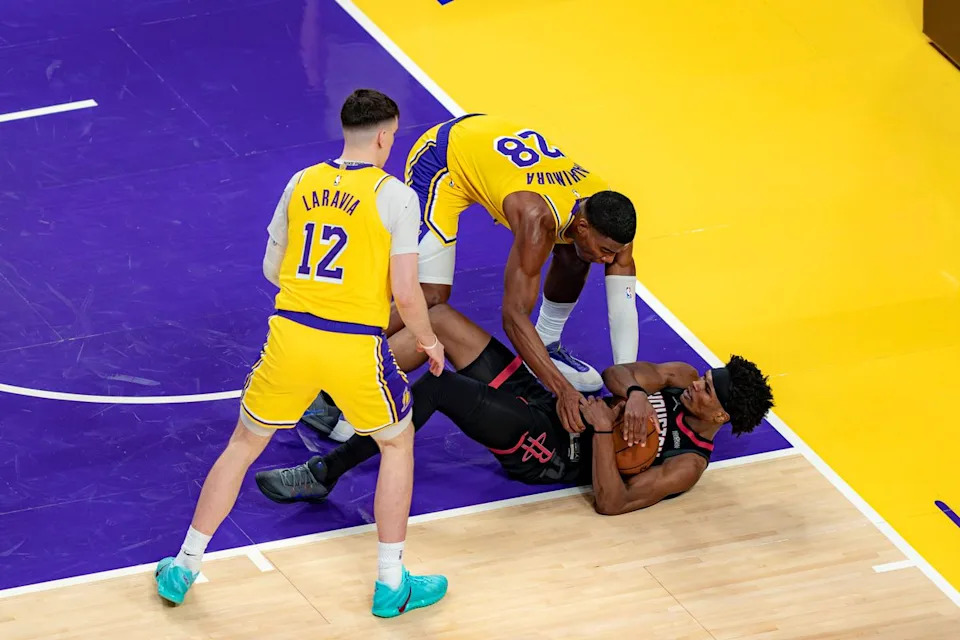 Los Angeles Lakers forward Rui Hachimura (28) trying to recover the ball during an NBA basketball game against the Houston Rockets on April 18th, 2026 in Los Angeles, CA.