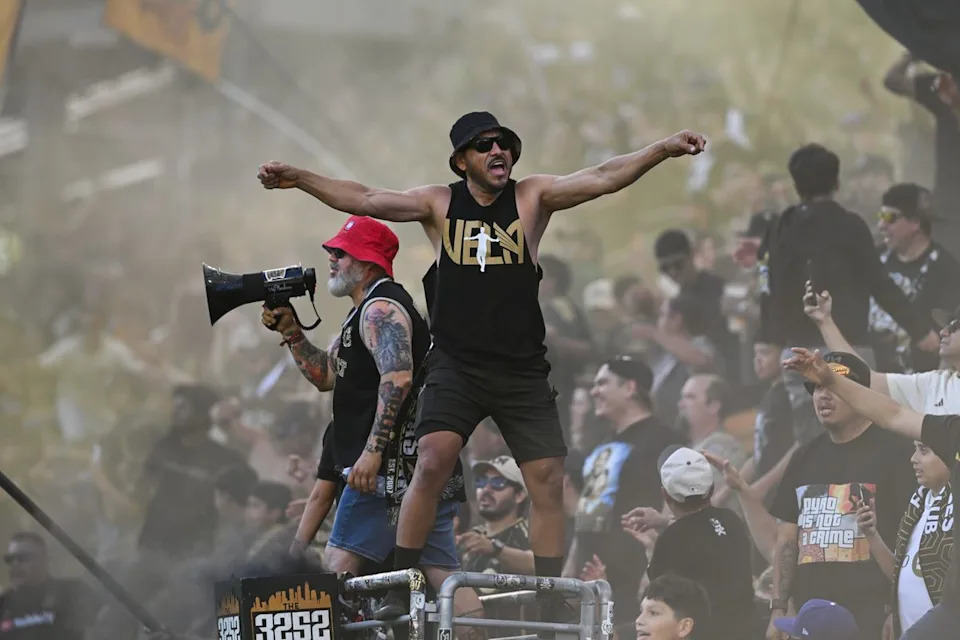 LAFC fans cheer after a goal during an MLS game between LAFC and San Jose Earthquakes on Sunday, April 19, 2026 at BMO Stadium In Los Angeles Calif at BMO Stadium in Los Angeles Calif