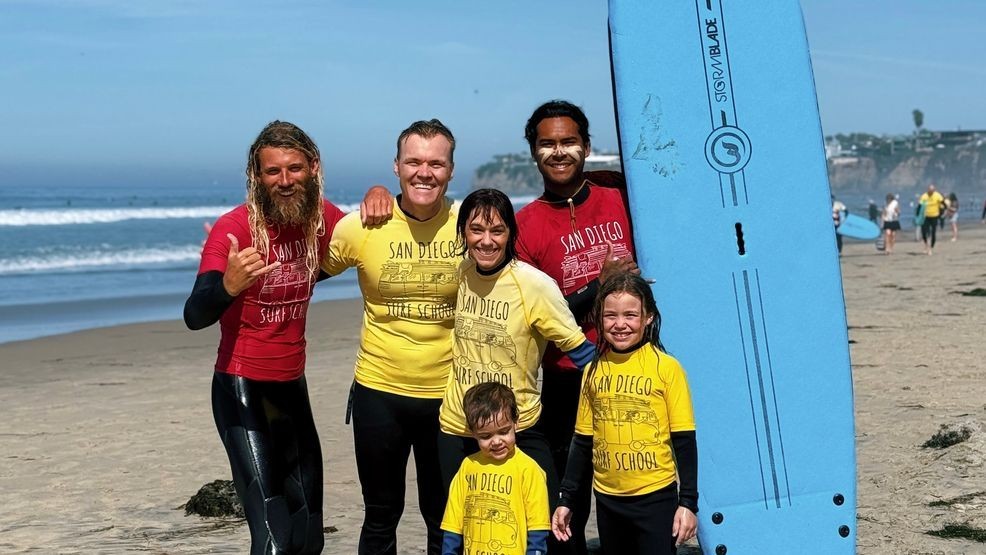 Surf's up at Pacific Beach in San Diego as Cameron and the family finish their surfing lesson. (Amazing America)