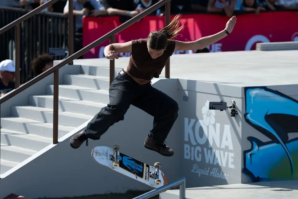 Paige Heyn hits a kickflip over the ramp during SLS Takeover Saturday, April 4th, 2026 in Downtown Los Angeles
