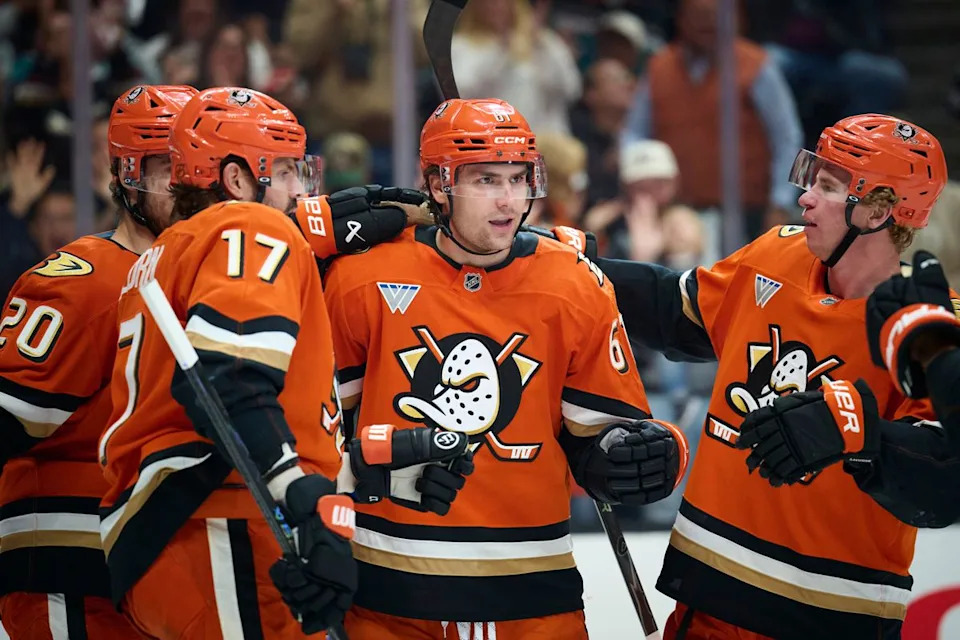 The Anaheim Duck’s celebrate a goal during an NHL game against the Vancouver Canucks, April 12th, 2026 in Anaheim California.