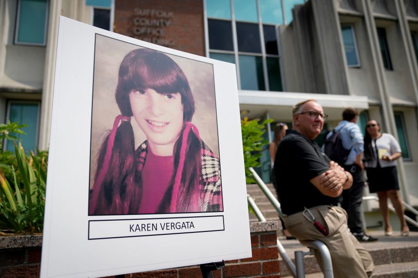 An image of Karen Vergata is displayed at a press conference in Hauppauge, New York, in August 2023.