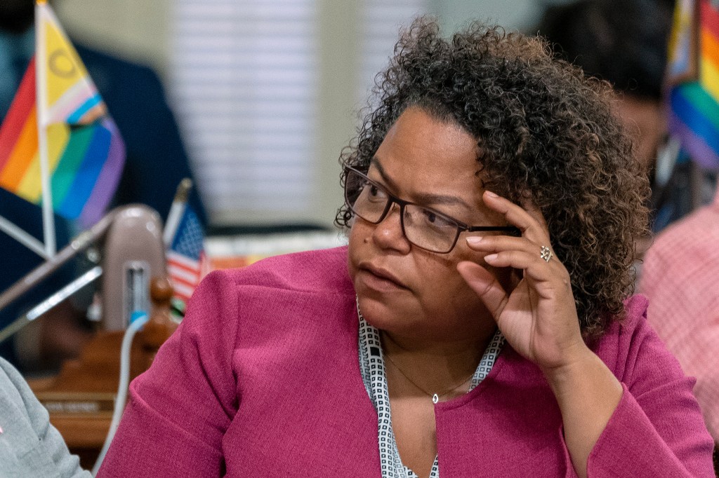 Assembly member Mia Bonta, in a pink jacket, looking right with small flags, including a Pride flag, behind her.