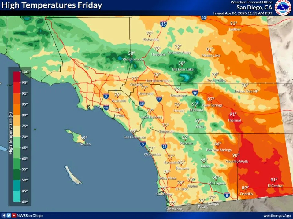 Map of forecast high temperatures for Southern California for Friday Apr 10, 2026. For the coastal areas: 68 to 75, western valleys and inland Orange County: 73 to 77, inland valleys: 71 to 77, mountains between 4000 ft and 7000 ft: 57 to 67, high desert: 70 to 78, low desert: 85 to 91 (National Weather Service) 