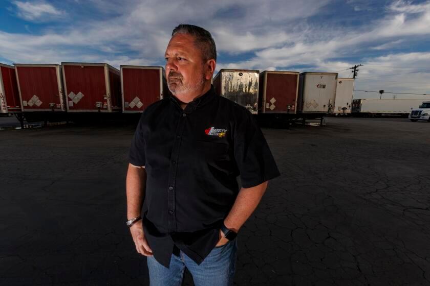 MONTEBELLO, CA - APRIL 3, 2026: Greg Dubuque, general manager of Liberty Linehaul West, a third generation tucker, who operates 40 trucks is feeling the pain of high fuel prices on April 3, 2026 in Montebello, CA. The rising cost of fuel is crushing small fleet truckers in California, who are paying 30% more in gasoline costs.(Gina Ferazzi / Los Angeles Times)