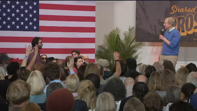 Attendees confront Tom Steyer on his history with previous company ties to a private prison company. (KSWB/KUSI)