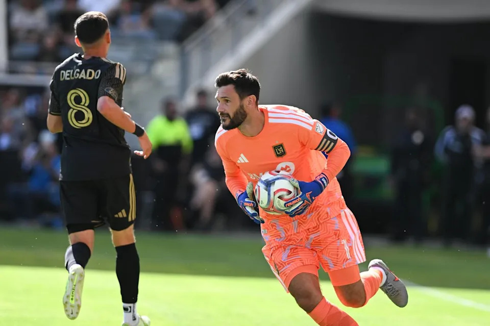 LAFC goalkeeper Hugo Lloris (1) hold on to the ball after making a save during an MLS game between LAFC and San Jose Earthquakes on Sunday, April 19, 2026 at BMO Stadium In Los Angeles Calif at BMO Stadium in Los Angeles Calif