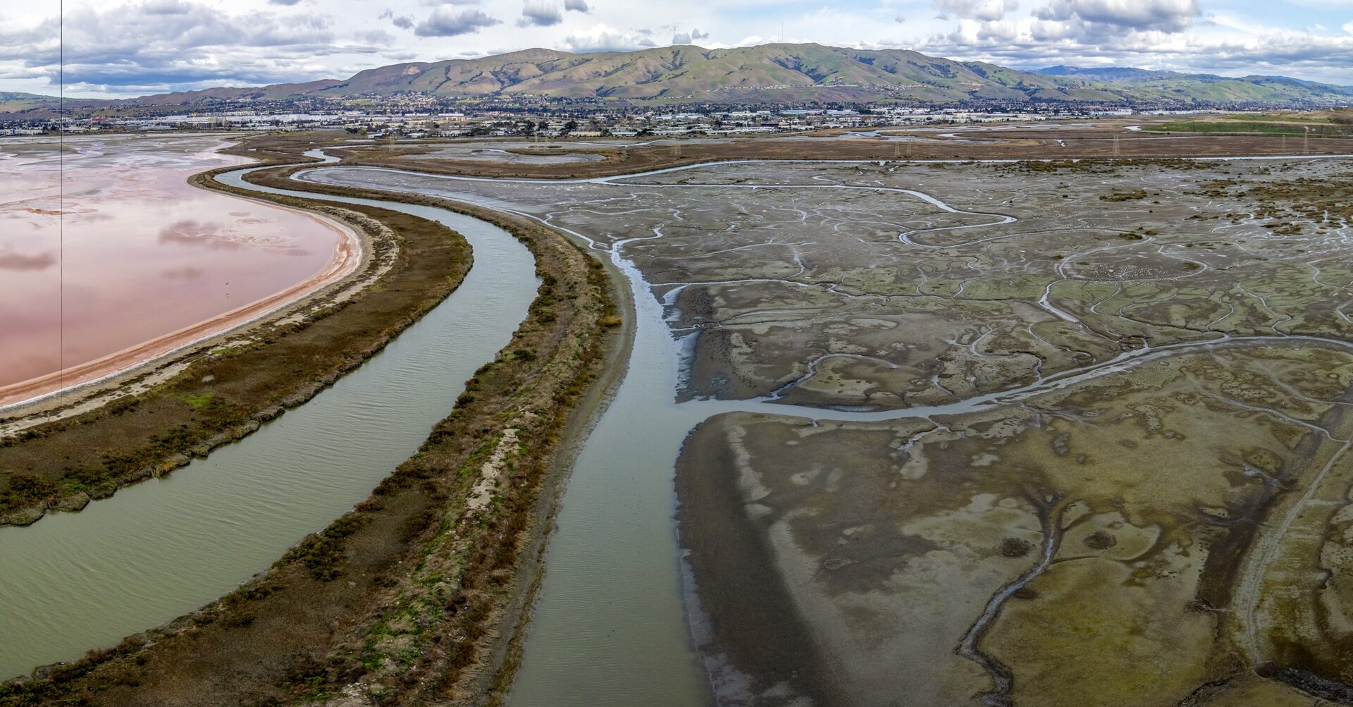 Aerial photo of reddish pond at left and a pond on the right full of plants.