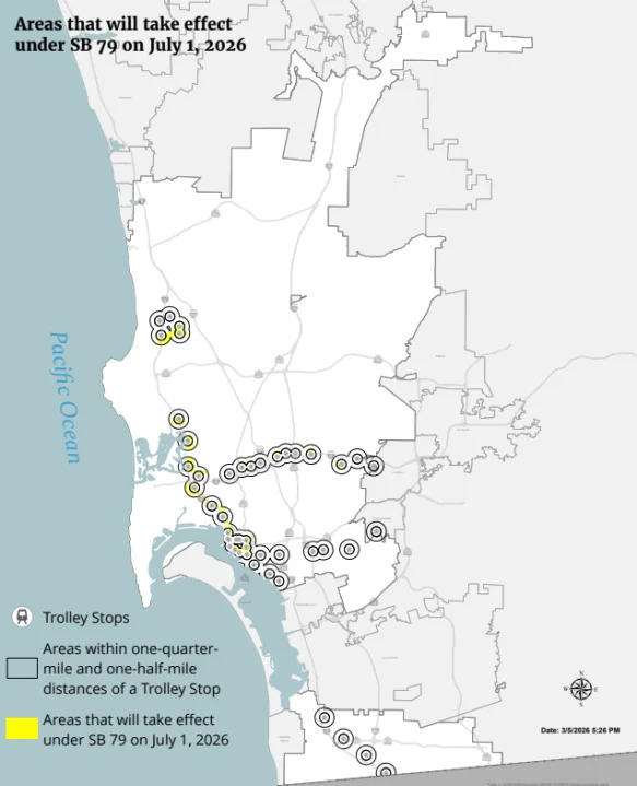 A map by the City of San Diego showing areas within one-half-mile of a trolley stop and areas taking effect on July 1. (City of San Diego)