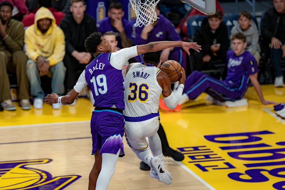 Utah Jazz guard Ace Bailey (19) fouls Marcus Smart (36) during an NBA basketball game against the Los Angeles Lakers on April 12th, 2026 in Los Angeles, CA.