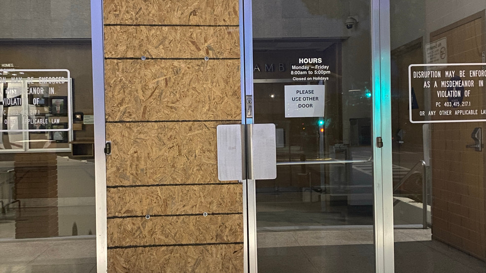 Five people were arrested during Wednesday's Bakersfield City Council meeting on multiple allegations including assaulting police officers, resisting arrest, and damaging city property, said Bakersfield police. PHOTO: KBAK/KBFX