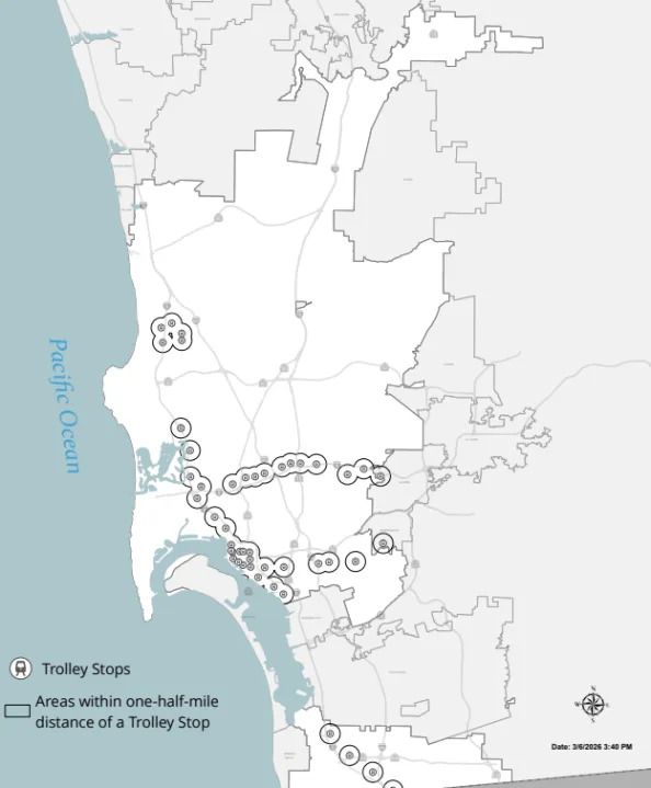 A map by the City of San Diego showing areas within one-half-mile of a trolley stop. (City of San Diego)