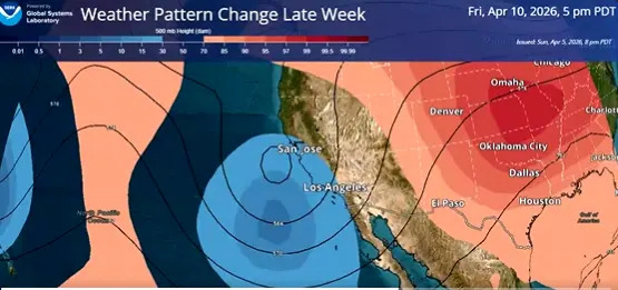 Weak high pressure (red colors) will continue our dry weather for the first part of the week. An area of low pressure (blue colors) moves into the region by later this week (Fri-Sun), leading to:  cooler conditions, breezier weather and  chances for precipitation (National Weather Service) 