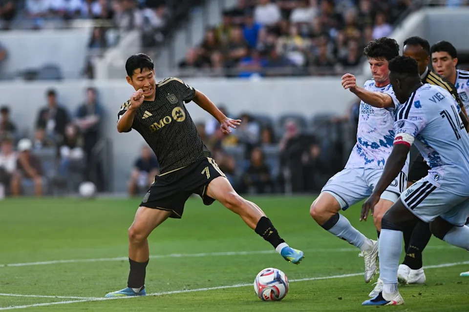 LAFC forward Son Heung-Min (7) battles for possesion during an MLS game between LAFC and San Jose Earthquakes on Sunday, April 19, 2026 at BMO Stadium In Los Angeles Calif at BMO Stadium in Los Angeles Calif