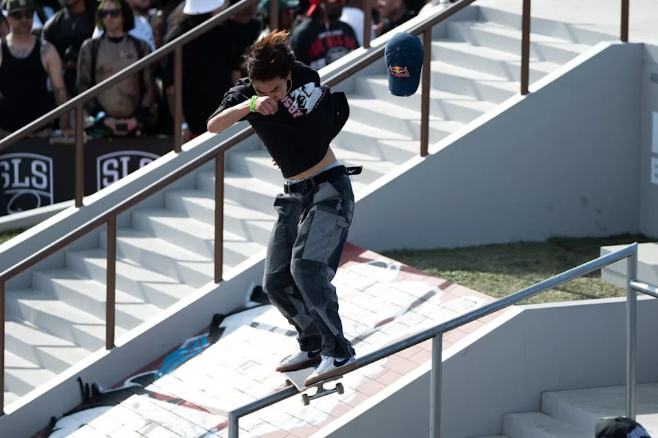Juni Kang hits a boardslide during SLS Takeover Saturday, April 4th, 2026 in Downtown Los Angeles