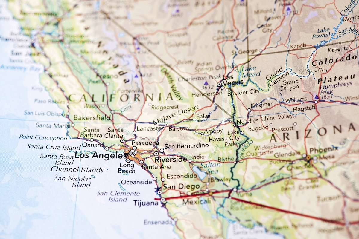 Photo map of Los Angeles California. Shallow depth of field, focus on the Los Angeles city of the map and the area nears it.