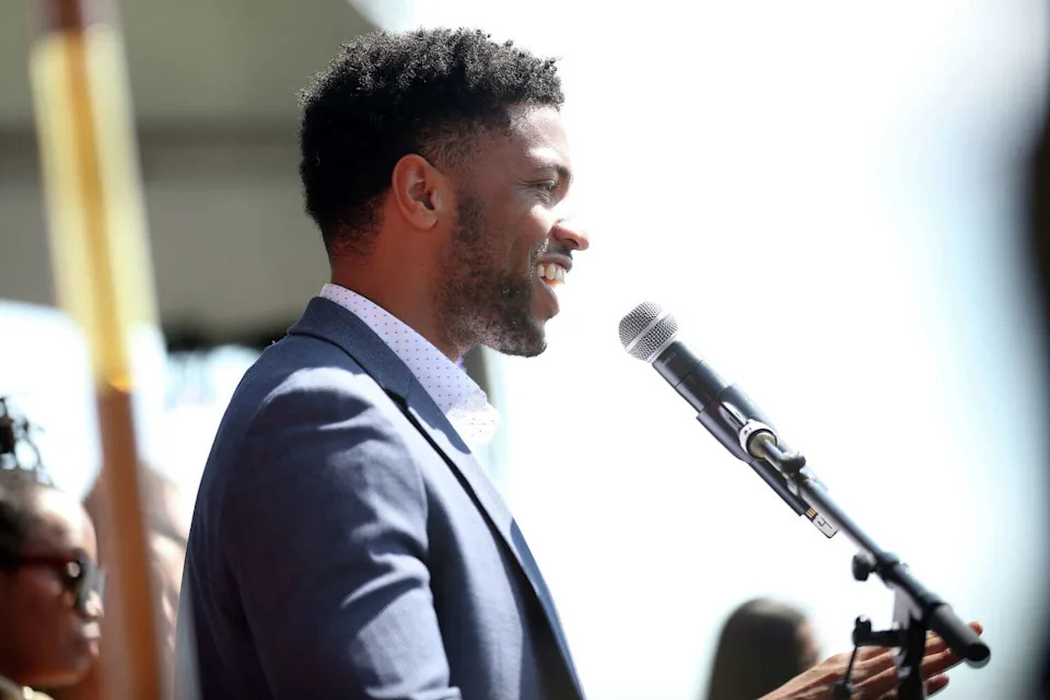 Oakland City Council President Kevin Jenkins speaks during Mayor Barbara Lee's inauguration in Jack London Square in Oakland, Calif., on Sunday, June 8, 2025. (Scott Strazzante/S.F. Chronicle)
