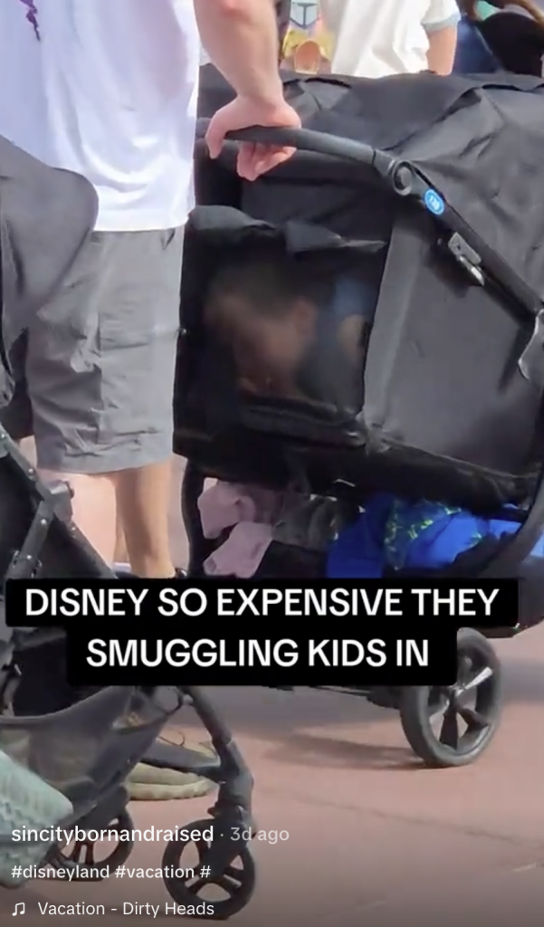 A parent pushes a stroller with a child hidden inside, seemingly to avoid Disney entrance fees.