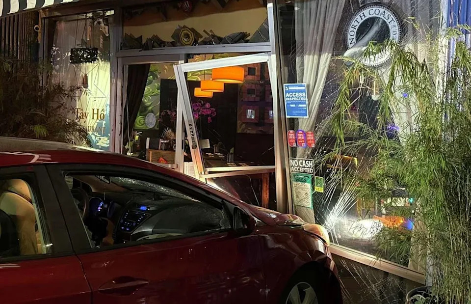 A driver crashed a car into Oakland's Tay Ho restaurant early Wednesday, causing major damage. Owners say it was an attempted burglary. (GoFundMe)