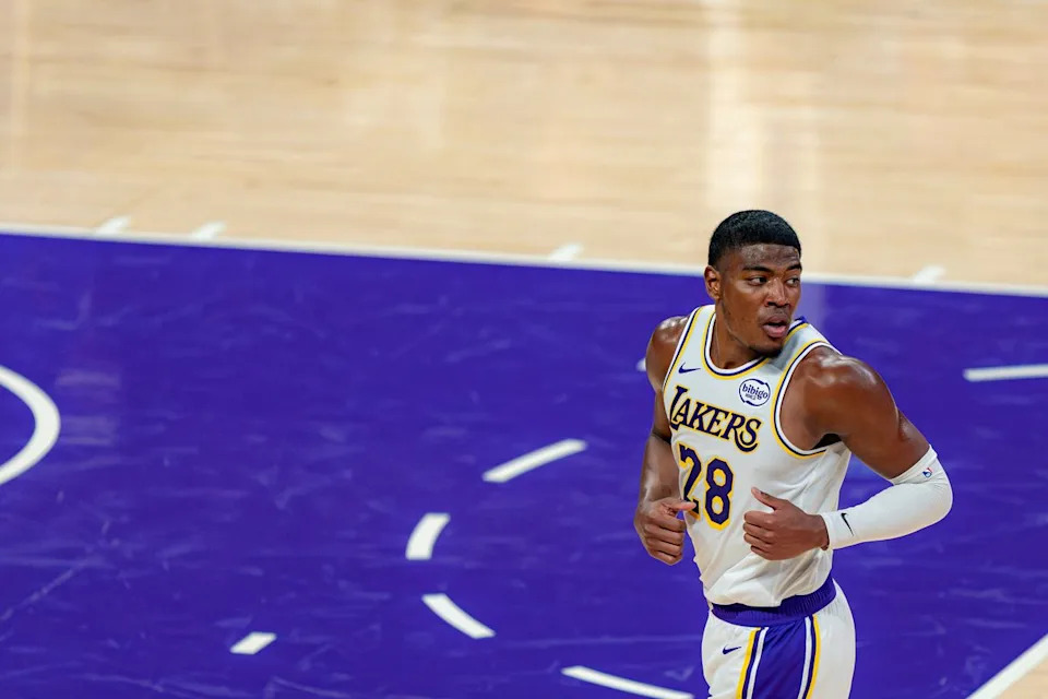 Los Angeles Lakers forward Rui Hachimura (28) returning to defense during an NBA basketball game against the Utah Jazz on April 12th, 2026 in Los Angeles, CA.